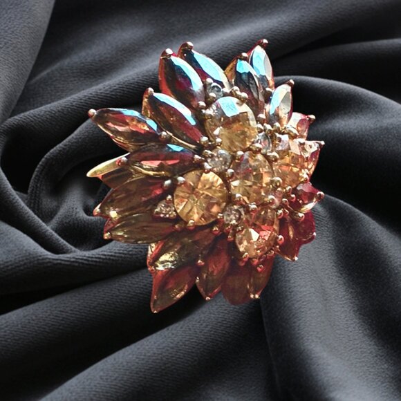 Vintage SETA Sterling Smoky Quartz Topaz Diamond HUGE Cocktail Ring Sz 8 - Picture 9 of 12